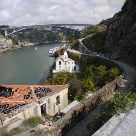 Foto de uma igreja, ao fundo uma ponte cruza o rio, o rio passa na esquerda, a direita uma rua de pedra e abaixo na esquerda o teclado de um rúina. A igreja é branca, de dois andares e pequena.